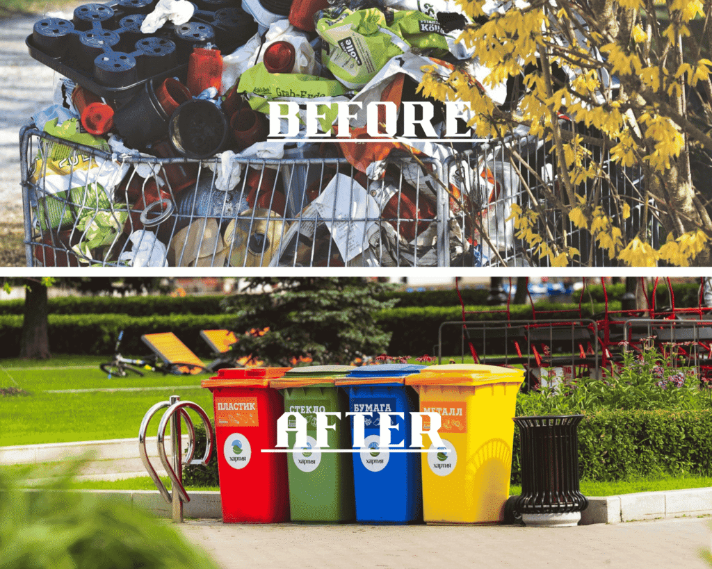 Before-and-after image showing wasteful single-use items replaced with eco-friendly, reusable alternatives like bamboo products, refillable bottles, and natural materials.