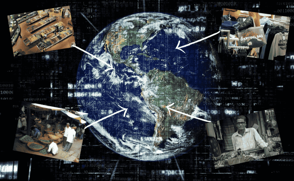 World map with eco-friendly icons showing zero waste initiatives across different countries.