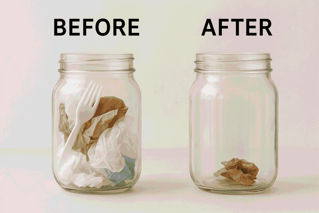 efore and after jars showing reduced single-use waste after one month of zero waste habits.